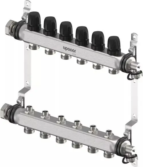 Verteiler von Uponor mit mehreren Anschlüssen, aufgebaut in zwei Reihen. Sichtbare Anschlüsse zur Anbindung an Heizungs- oder Wasserverteilersysteme.